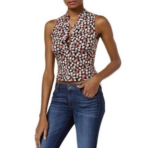 Guess Callista Lace-Up Floral Print Crop Top - Picture 1 of 5